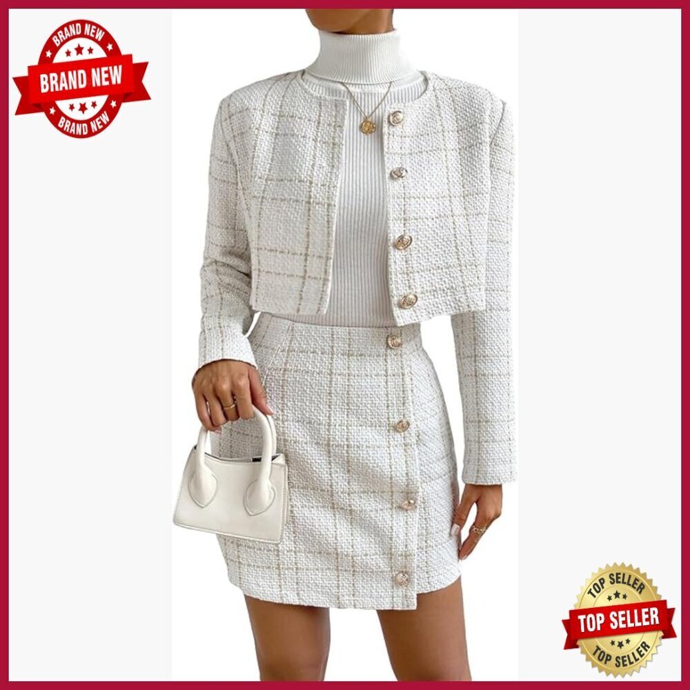 Plaid Tweed Blazer and Skirt Set, 2-Piece Outfit, Long Sleeve Jacket